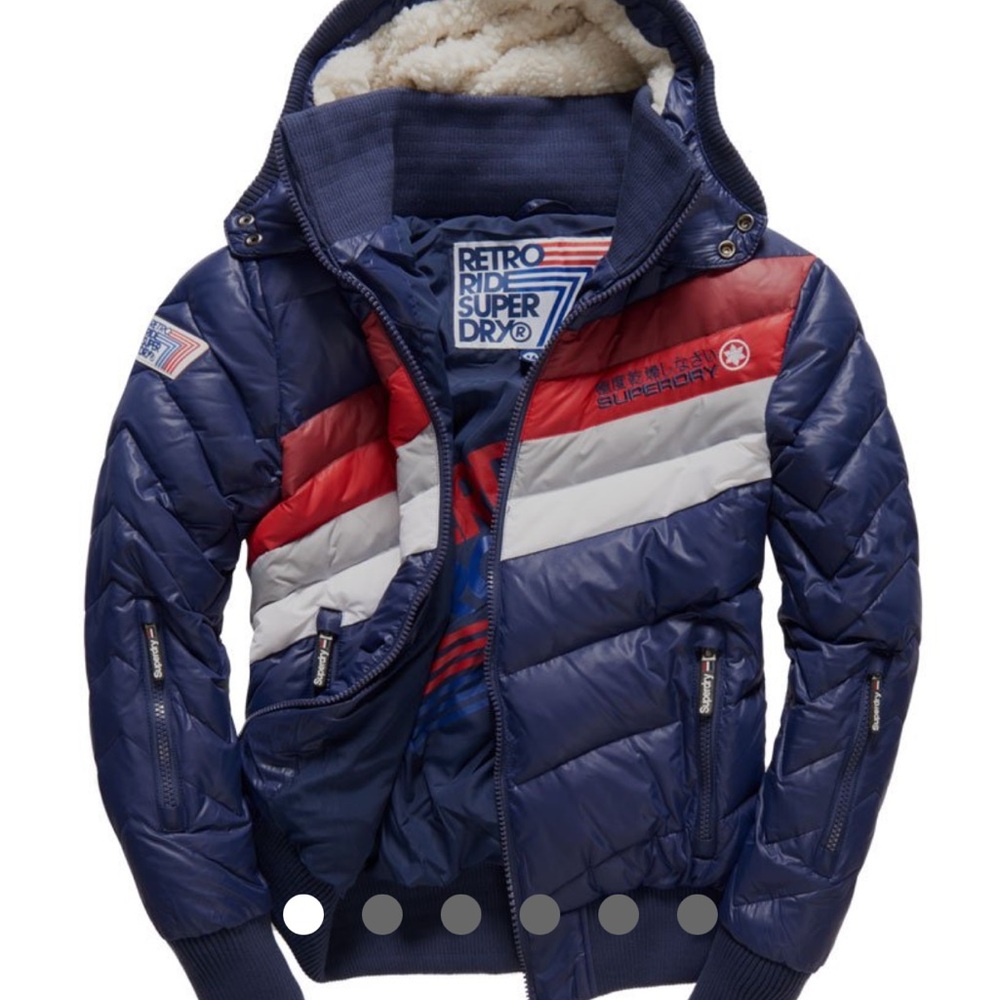 Super dry Retro Ride Hooded Bomber Jacket, navy, size L, brand new